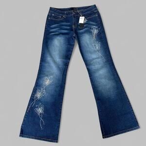 Dark Wash Y2K Flare Jeans with Butterfly Embroidery!
